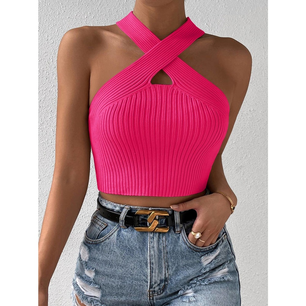 High neck ribbed knit Crisscross Halter Knit crop Top y2k cream - Picture 8 of 8